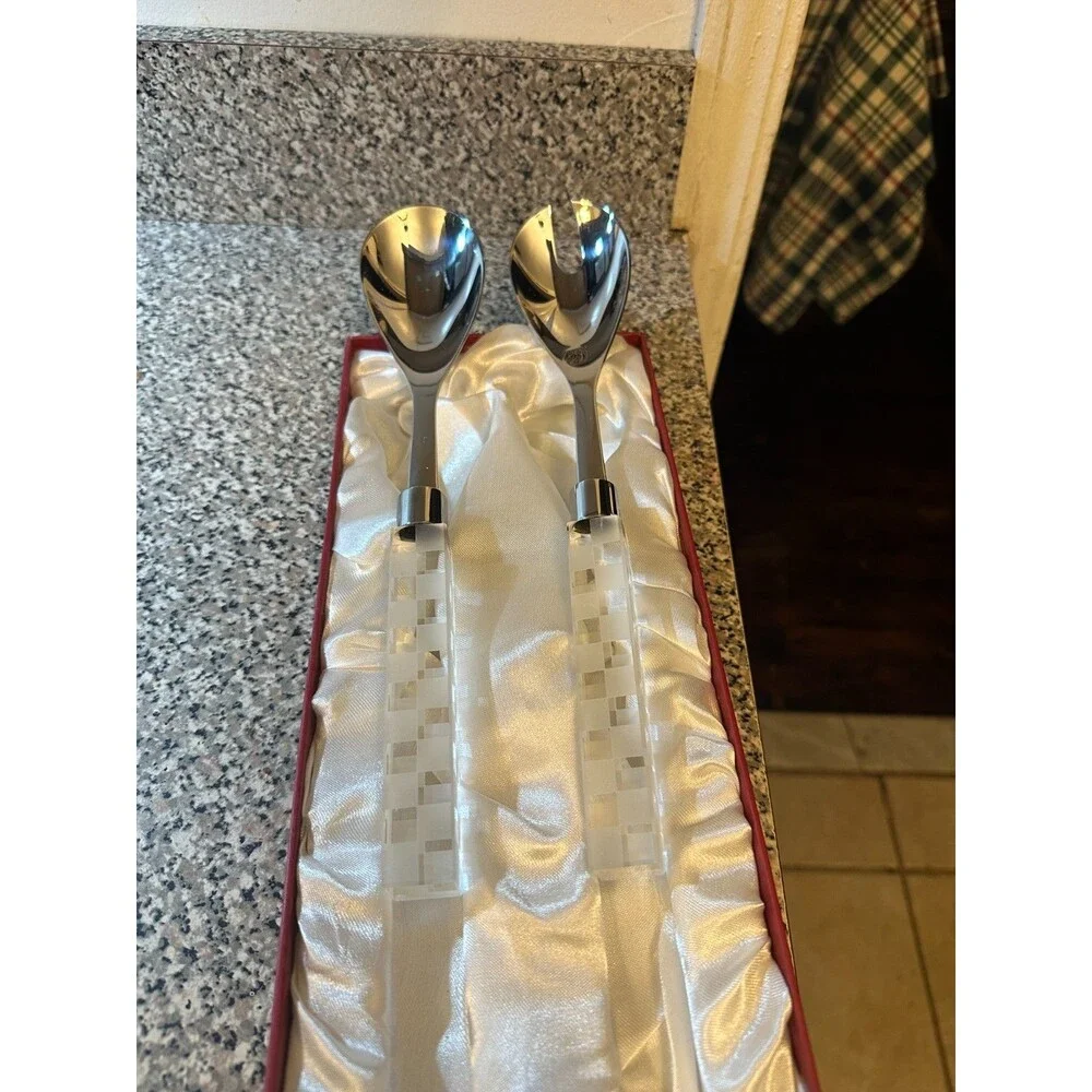 Lucien Piccard Salad Server Set with Checkered Handle New